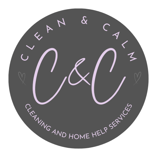 Logo of Clean & Calm Home Help Services.  Text, stating company name, over grey background.